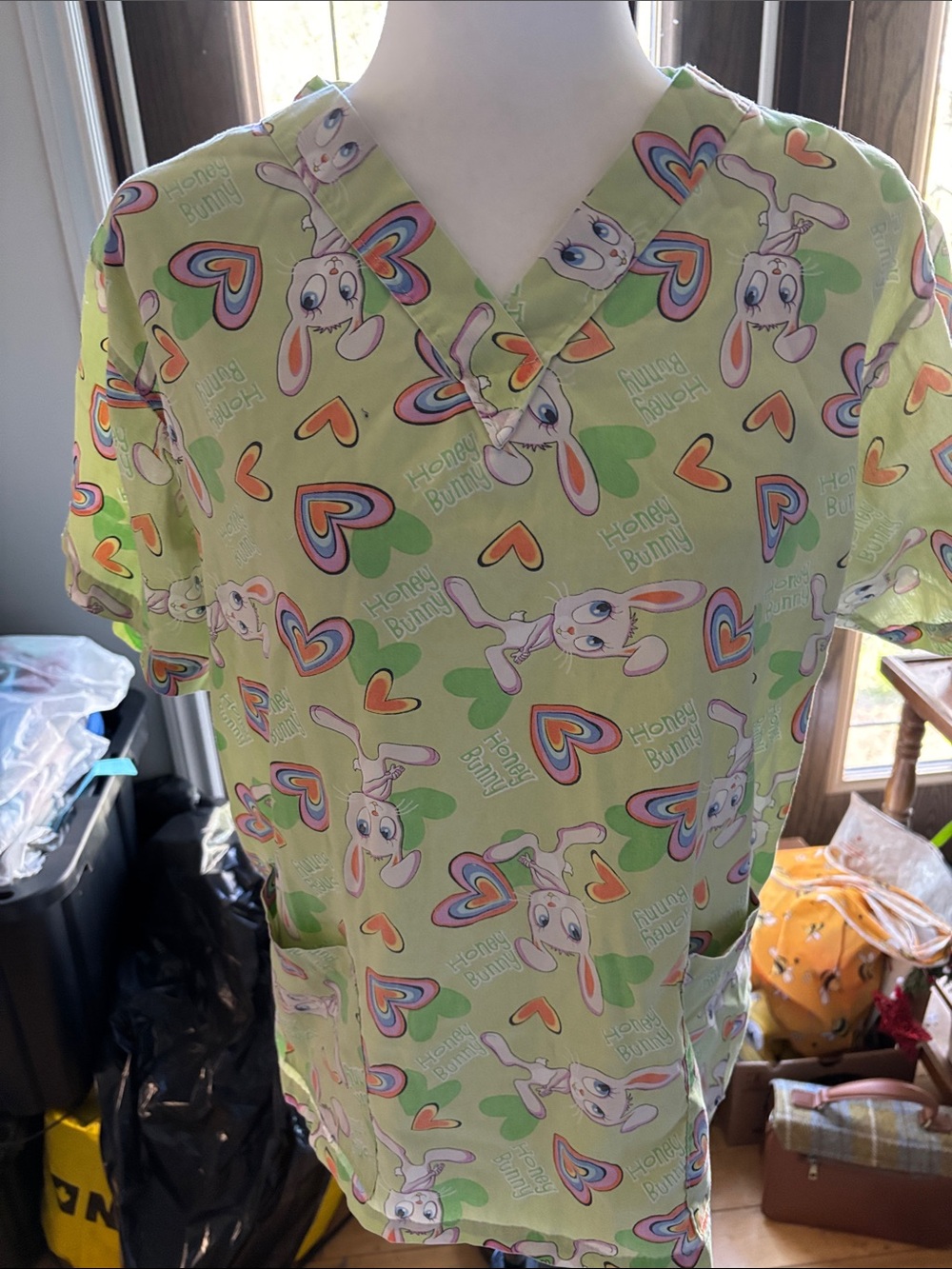 Honey Bunny Print Lime Green Short Sleeve Scrub Top